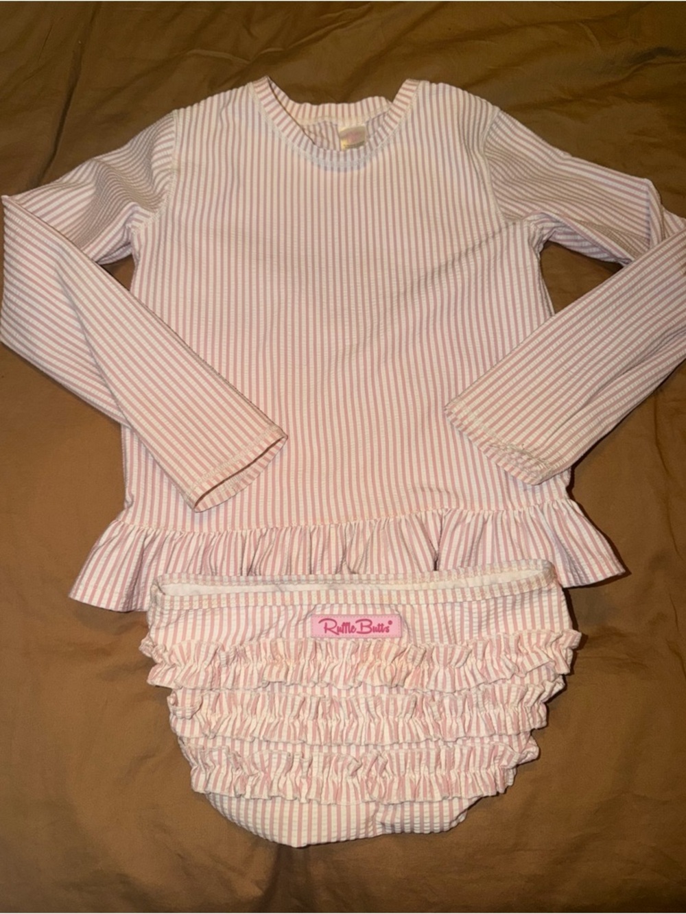 Ruffle Butts Pink and White Striped Girls Rashguard Set